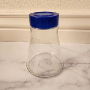 Androck 1 made USA clear glass flask blue bottle cap kitchen storage 70s vintage